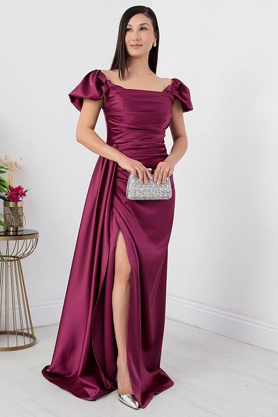 PULLIMM Satin Dress - Square Collar and Slit, Sb6053