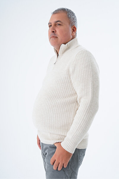 Trist Star Men's Beige Knitwear Wool Sweater - Zigzag Execution, Stand Collar, Short Zippered Trist-2117