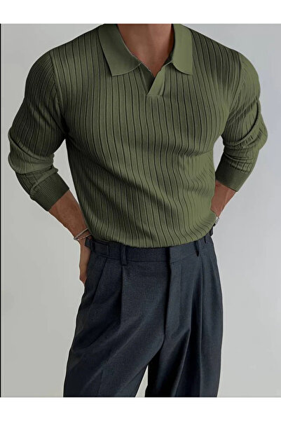 BLUE STREET Men's Khaki Slim Fit Plain Polo Neck Knitwear Sweater