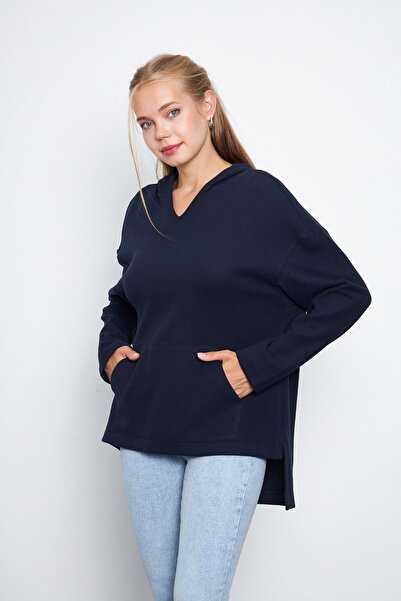 Avones سويت شيرت نسائي كبير الحجم - رقبة على شكل حرف V، وغطاء للرأس، وجيب الك...