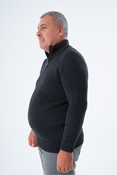 Trist Star Men's Anthracite Knitwear Wool Sweater - Zigzag Execution, Stand Collar, Short Zipper, Plus Size Trist-2117