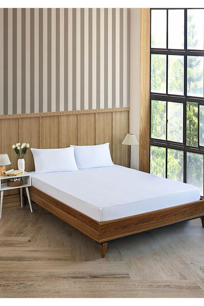 VAVEY Λευκό ριγέ Σετ Σατέν Σεντόνια - 180x200cm Διπλό, Ελαστική Μαξιλαροθήκη 50x70