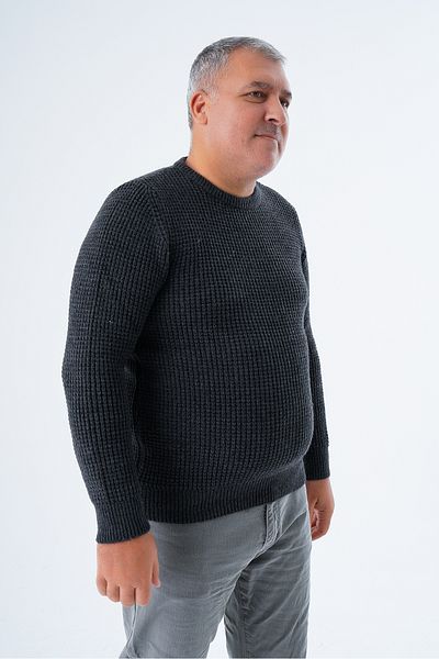 Trist Star Ανδρικό μάλλινο πουλόβερ με λαιμόκοψη - Plus Size, Anthracite, Thessaloniki Knitting TRIST-2116