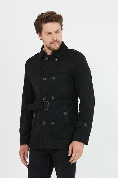 Mero Life Pánský model Trench Cashew Coat Black Belted
