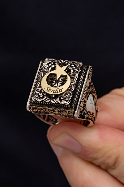 ALYANSEVİM Ayyıldız Desenli İsimli 925 Gümüş Erkek Yüzük