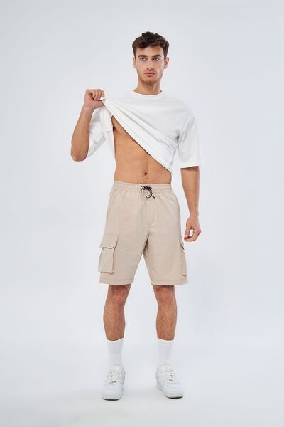 Mesfeno Erkek Şort, Likralı Paraşüt Kumaş, Kargo Cepli, Normal Kesim, Beli Lastikli ve İp Stoperli