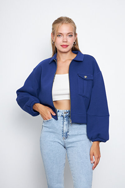 CrazyShopping سترة نسائية بأكمام بالون وسحاب - رقبة قميص