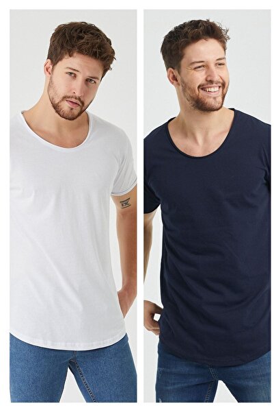 BLUE STREET Men's White-navy blue Oval Skirt Wide Collar 100% Cotton Short Sl...