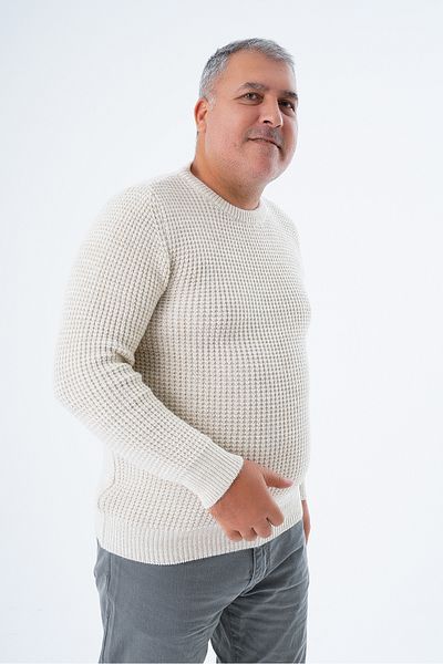 Trist Star Μάλλινο πουλόβερ ανδρικό μπεζ πλεκτό - Plus Size, Thessaloniki Knitting, Crew Neck TRIST-2116