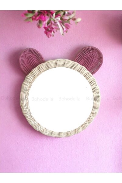 Bohodella 25 Cm Rattan Bambu Hasır Pembe Kulaklı Ayna, Çocuk Odası Ayna