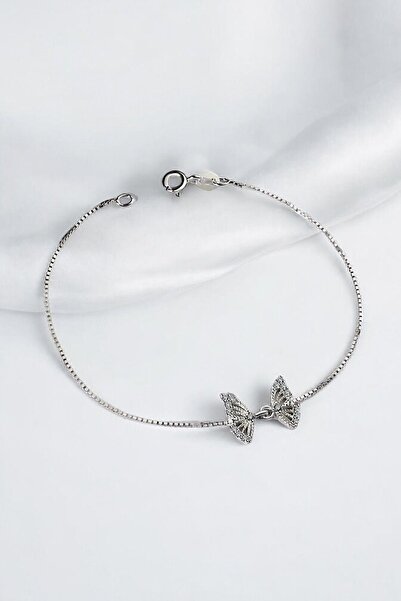 jelux silver Gümüş 925 Ayar Kelebek Zincirli Zirkon Taşlı Bileklik