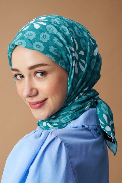 Modakaşmir Mint Colored Vintage Daisy Patterned Bamboo Scarf