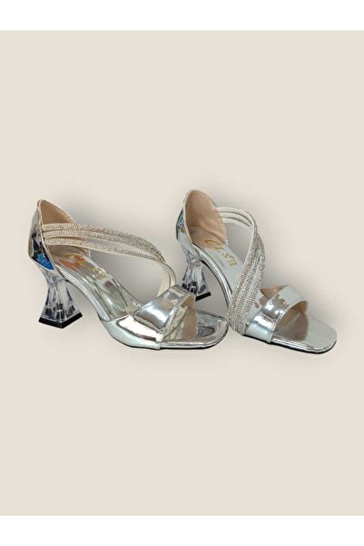 fikret bağcı Ύψος 5cm Ασημί Καθρέφτης - Βραδινό Φόρεμα Σανδάλια με Πέτρινο Φο...