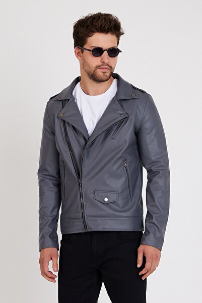 Mero Life Jachetă de piele gri pentru bărbați sezon nou - haină cu fermoar di...