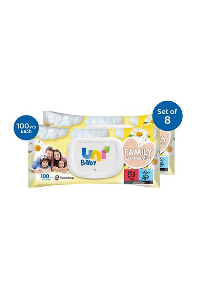 Uni Baby Family Wipes - Chamomile 100 pcs - Pack of 8