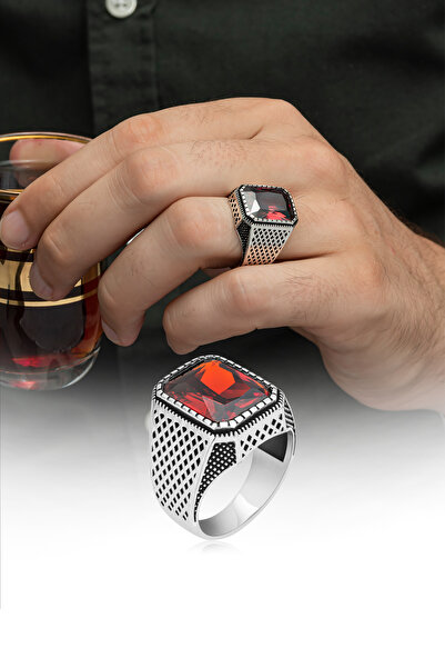 ALYANSEVİM Kare Kırmızı Taşlı 925 Gümüş Erkek Yüzük