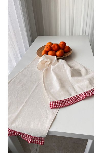White Alamode Natural Raw Linen Red Gingham Ruffle Detailed Runner 40x140cm