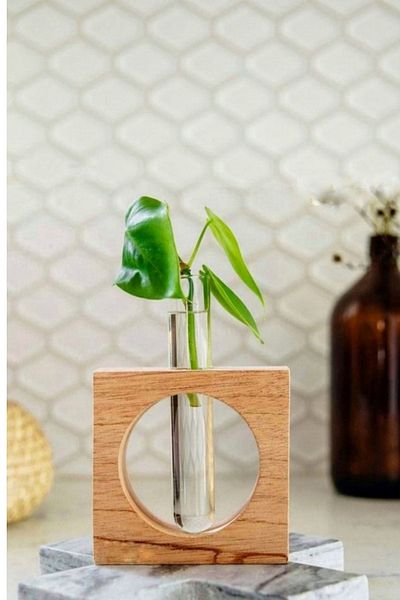 LALEZEN HOME Γυάλινο Μίνι Βάζο Γλάστρα Σωληνάριο Βάζο με Τετράγωνη Ξύλινη Βάση