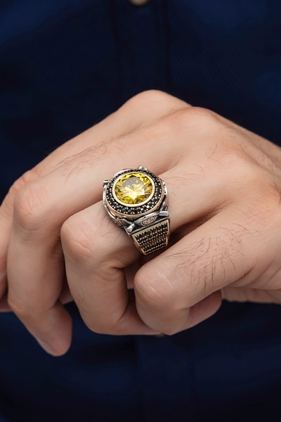 ALYANSEVİM Yuvarlak Sarı Sitrin Taşlı 925 Gümüş Erkek Yüzük