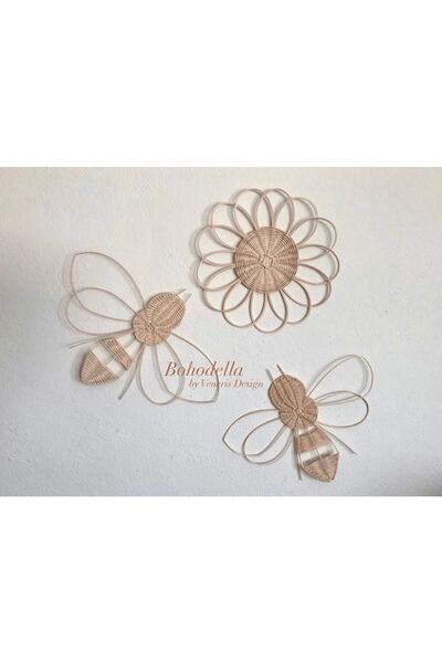 Bohodella 3’lü Çocuk Odası Rattan Bambu Hasır Duvar Süsü, Arı Figürlü Duvar Sepeti