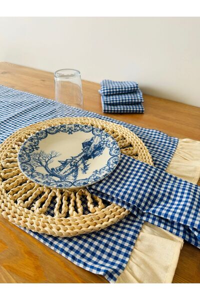 White Alamode Navy Blue Frilly Gingham Runner - 40x140cm, 4-Piece American Service