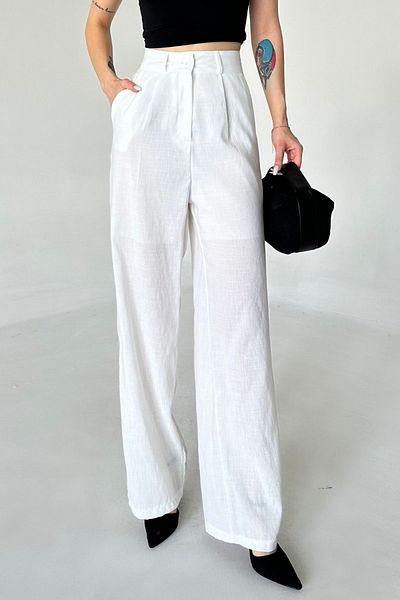 Maude High Waist and Pleated Wide Leg Women's White Linen Palazzo Trousers