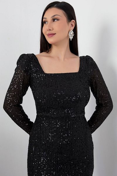 PULLIMM Rochie cu mânecă lungă cu guler pătrat cu paiete - AP-174