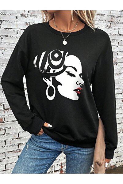 Deocept Λευκό Γυναικείο Φούτερ Oversize - Crew Neck, Unisex, Μαύρο εμπριμέ