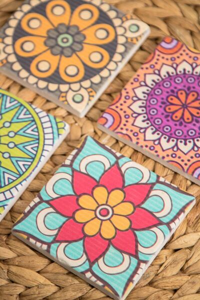 Begoloni Stone Decor طقم قواعد أكواب مطبوعة من الحجر الطبيعي، 4 قطع 10x10x1 سم