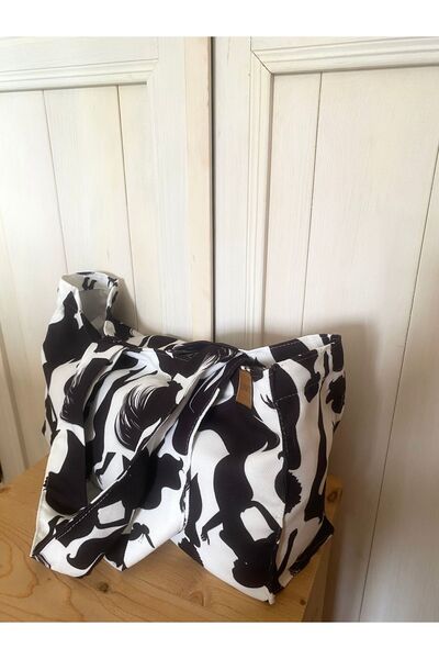 LUNAFEL Silhouette Patterned Gusseted Cloth Handbag and Shoulder Bag - Medium Size