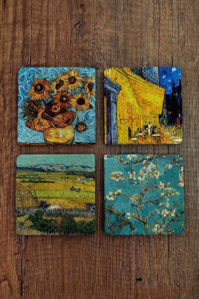 Begoloni Stone Decor مجموعة قواعد أكواب من الحجر الطبيعي مكونة من 4 قطع - أعمال فنسنت فان جوخ - قواعد أكواب حجرية