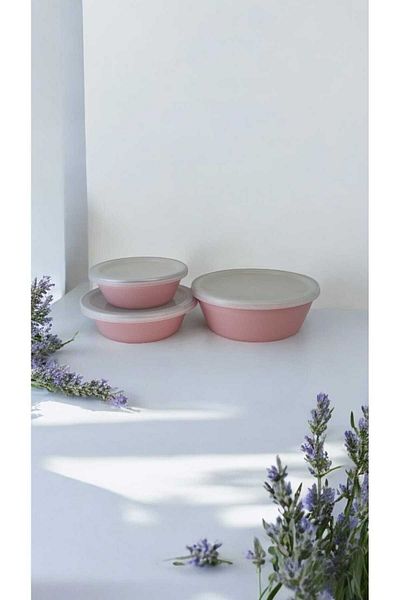 qussine 3-piece Pink Enamel Bowl Set - Storage Container with Lid