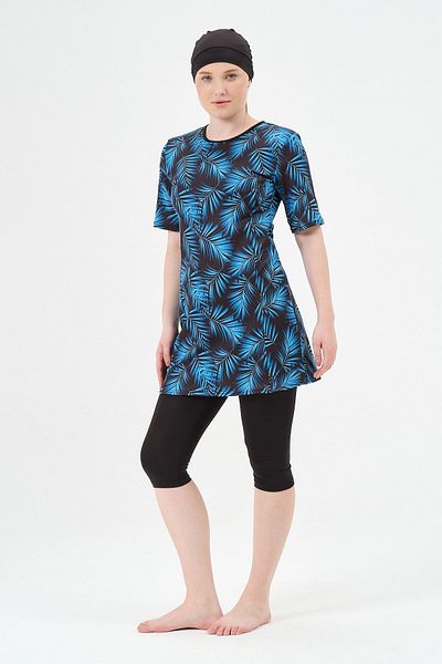 vawensea Women's Half Sleeve Patterned Hijab Swimsuit Blue (WIDE SIZE RANGE)