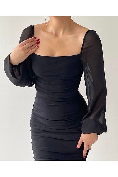 OlaLady Μαύρο φόρεμα Drafe Sandy Square Collar, σιφόν με μανίκια