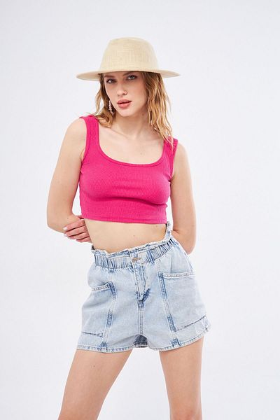 Kutaf Women's Denim Shorts - Elastic Waist and Pocket Detail