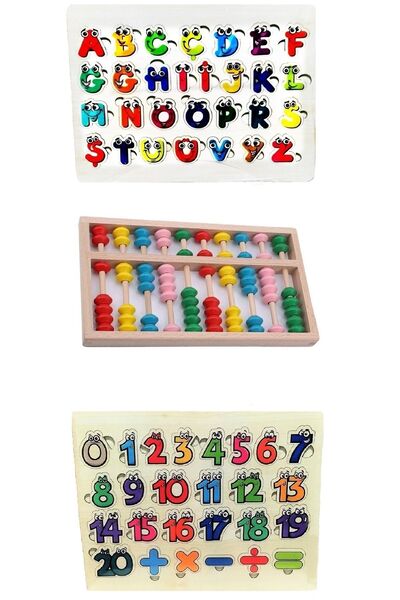 AyasEğiticiOyuncak 3'lü Ahşap Set Alfabe Harfler - Sayılar - Abaküs Eğitici B...