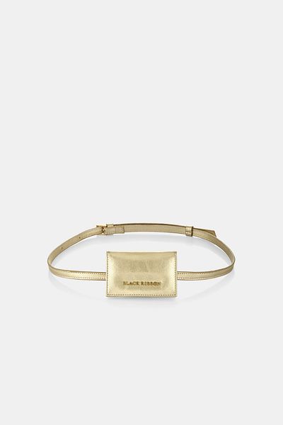 Black Ribbon Gold Genuine Leather Chain Mini Card Holder