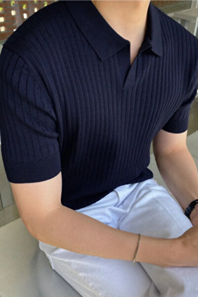 BLUE STREET Navy Blue Slim Tight Polo Neck Plain Knitwear T-Shirt