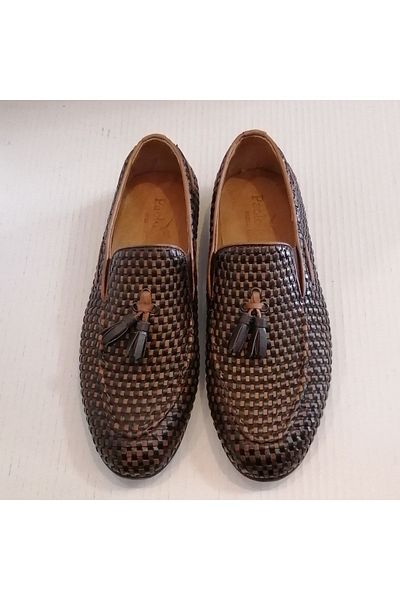 Paolo Massi Unisex Genuine Leather Hand Knitted Brown Tan Combination Pompom Rubber Sole Loafer