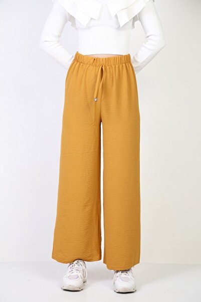 Moda Bu Women's Mustard Elastic Waist Wide Leg Loose Summer Trousers Aerobin-865829