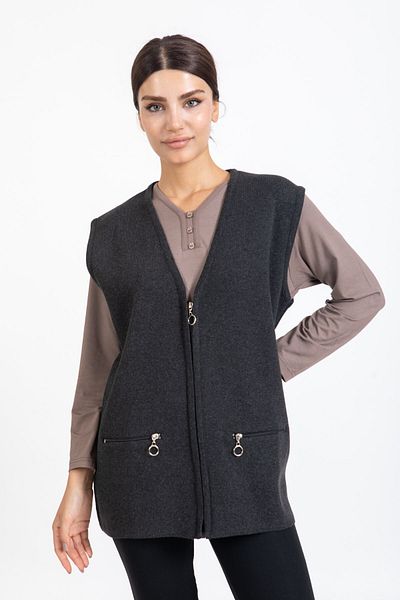 Mutlu City Women's Middle Age and Above Knitwear Knitted Zippered Pocket Comfortable Fit Mother Vest 314-smoked