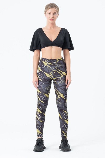 vawensea Women's High Waist Recovery Geometric Patterned Sports Leggings Yellow (LARGE SIZE)