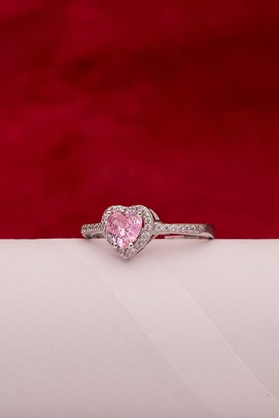 klas gümüş Gümüş Pembe Taşlı Pırlanta Montür Rodaj Kalp Yüzük