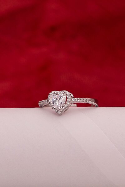 klas gümüş Gümüş Beyaz Taşlı Pırlanta Montür Rodaj Kalp Yüzük