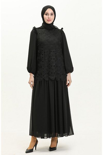 MY QILAM Μαύρο φόρεμα σιφόν Plus Size - με λεπτομέρεια δαντέλας και επένδυση, 10NMR462