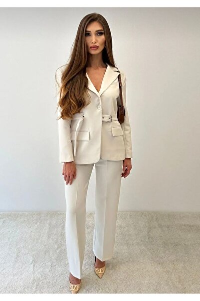 D'RECCY Women's Waist Belted Blazer Jacket Fabric Pants Set