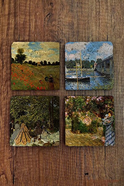 Begoloni Stone Decor قواعد أكواب من الحجر الطبيعي مطبوعة بالأشعة فوق البنفسجية مكونة من 4 قطع لكلود مونيه - قواعد أكواب حجرية