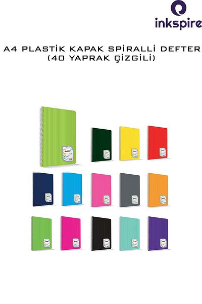 inkspire Caiet de 40 de coli cu spirală - 1 bucată, copertă PP A4 cu spirală, caiet de școală de dimensiuni mari