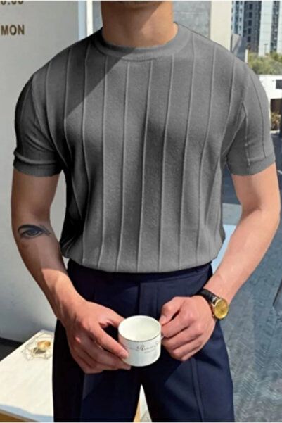 BLUE STREET Füme Slim Dar Bisiklet Yaka Düz Triko T-Shirt