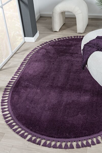 LİNOS HOME Puffy Lila Örgü Saçaklı Peluş Yumuşacık Yıkanabilir Kaymaz Taban H...
